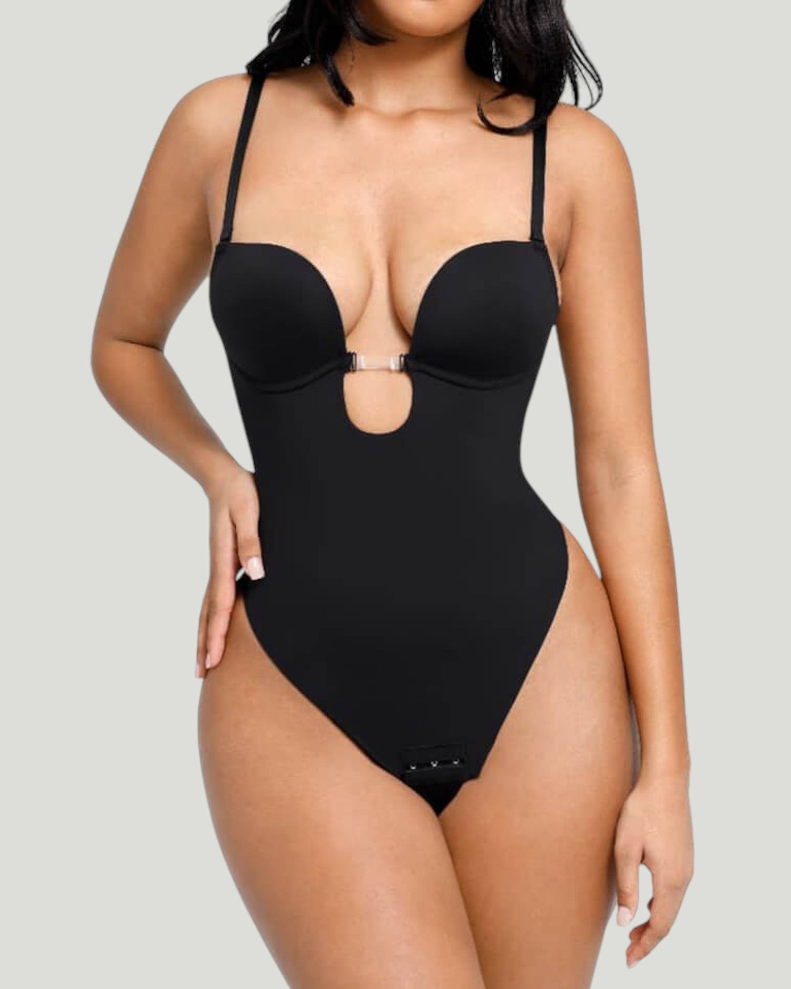 Pear Shapewear Gigi Plunge Low Back Thong Bodysuit Carbon Black 1