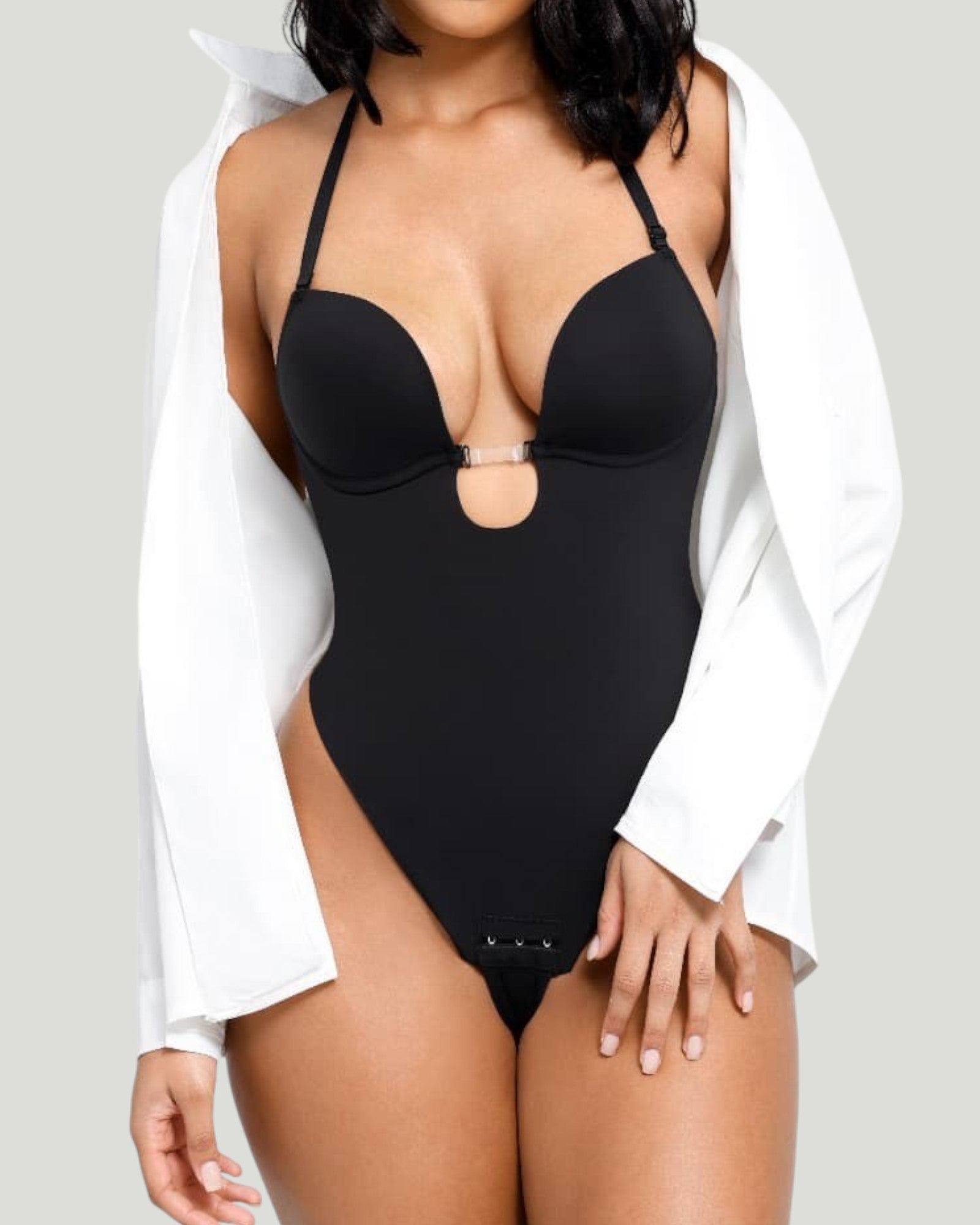 Pear Shapewear Gigi Plunge Low Back Thong Bodysuit Carbon Black 3