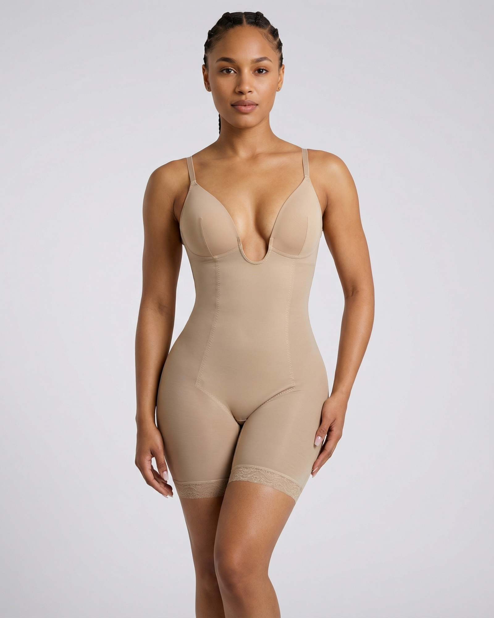 Pear Shapewear Mia Plunge Mid-Thigh Bodysuit Champagne Beige 9