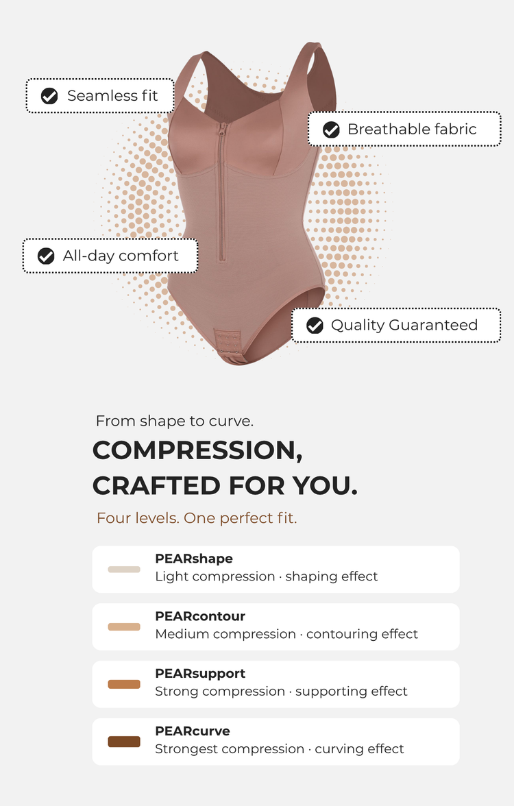 Brown compression garment with features listed on a white background