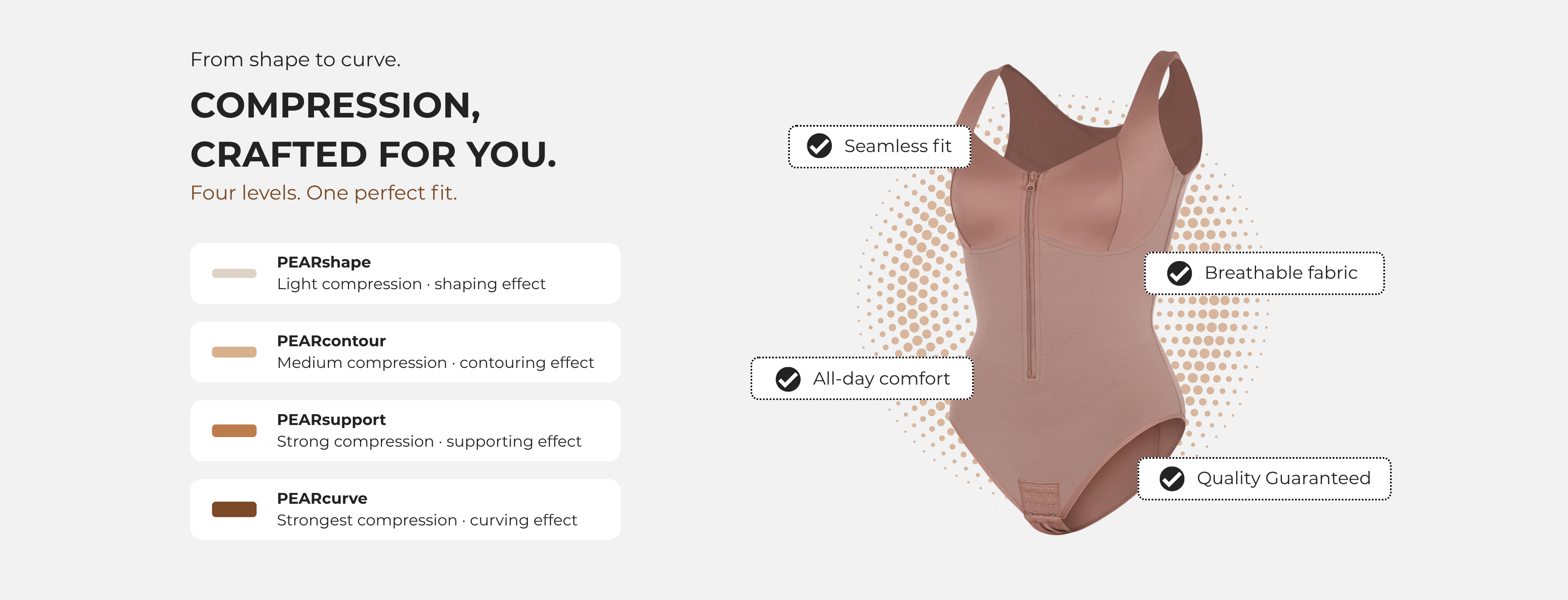 Brown compression garment with features listed on a white background