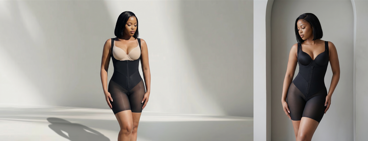 Woman wearing a black bodysuit against a neutral background