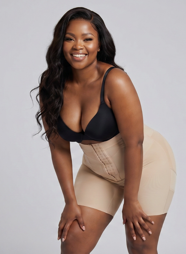 Woman wearing a black bra and beige shapewear on a gray background
