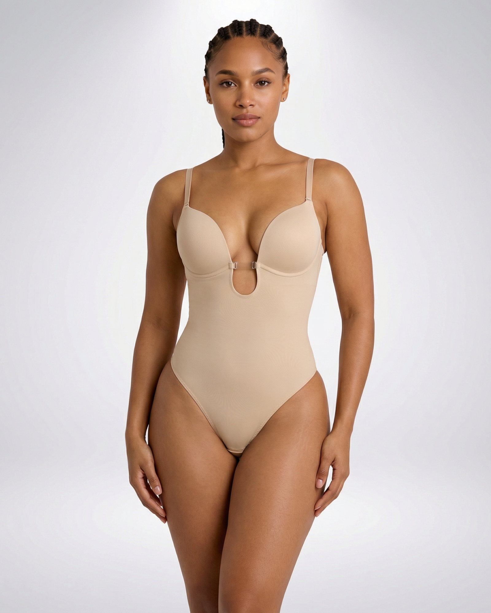 Pear Shapewear Gigi Plunge Low Back Thong Bodysuit Champagne Beige 7