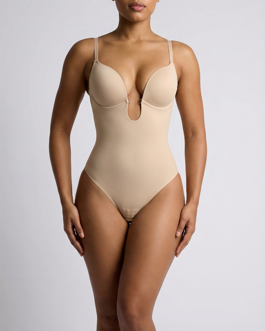 Pear Shapewear Gigi Plunge Low Back Thong Bodysuit Champagne Beige 8 1600