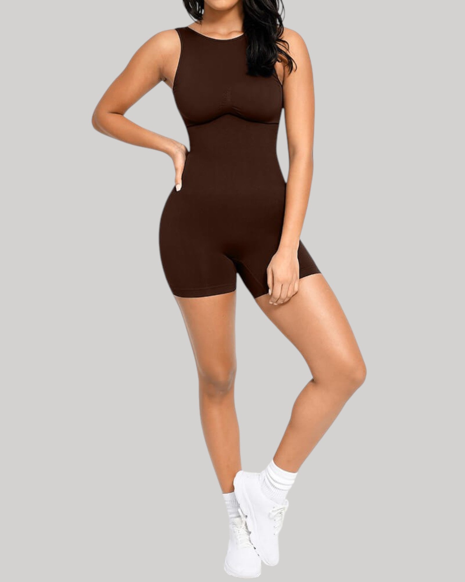 Pear Shapewear Harper Scoop Back Mid-Thigh Bodysuit Brown