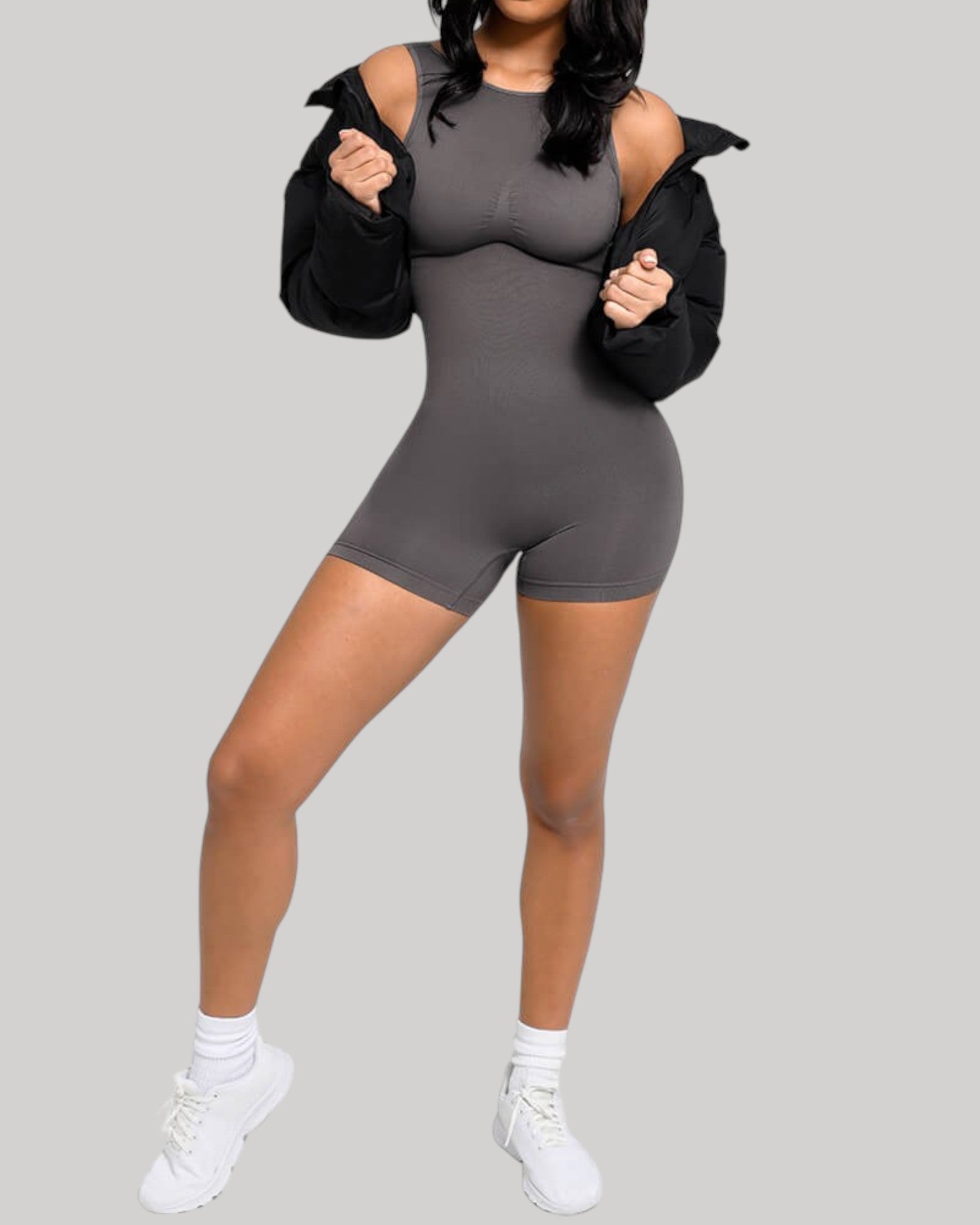 Pear Shapewear Harper Scoop Back Mid-Thigh Bodysuit Gray