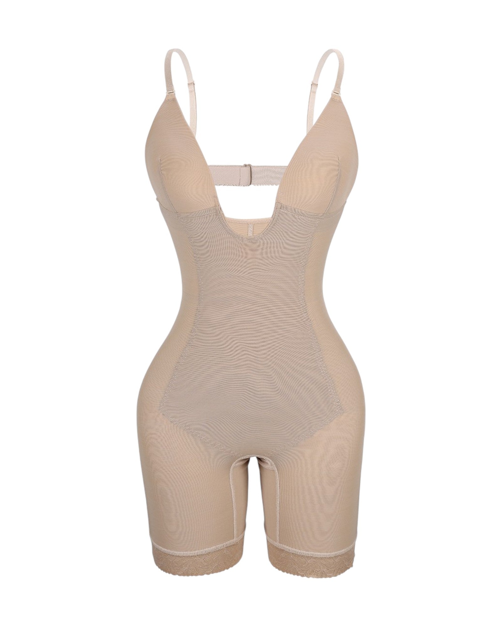 Pear Shapewear Mia Plunge Mid-Thigh Bodysuit Champagne Beige 3