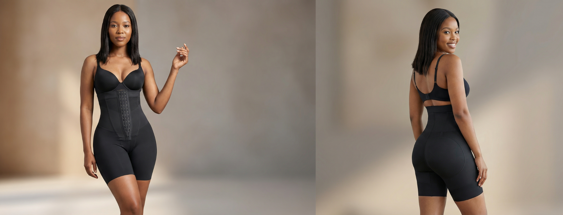 Woman modeling a black bodysuit from front and back views against a neutral background