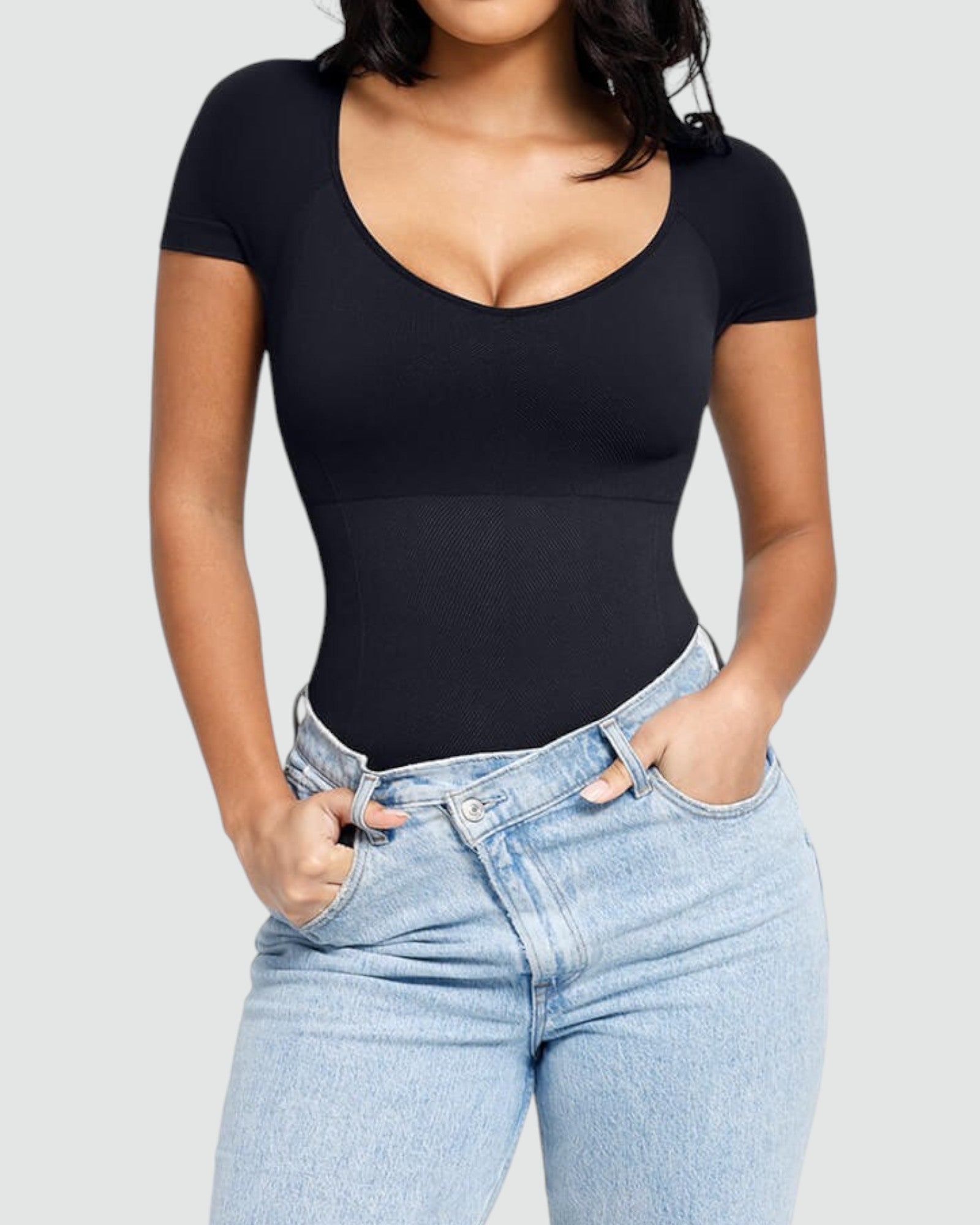 Pear Shapewear Zara Scoop Neck Thong Bodysuit Black