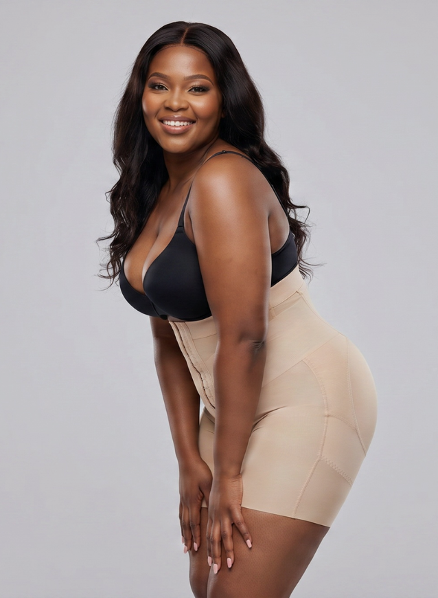 Woman wearing a black top and beige shapewear on a gray background
