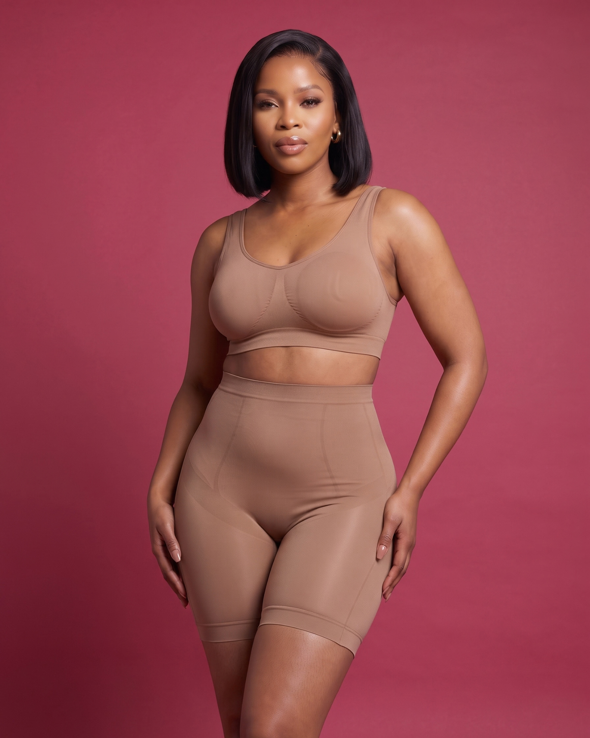 Black women wearing shapewear against deep pink background