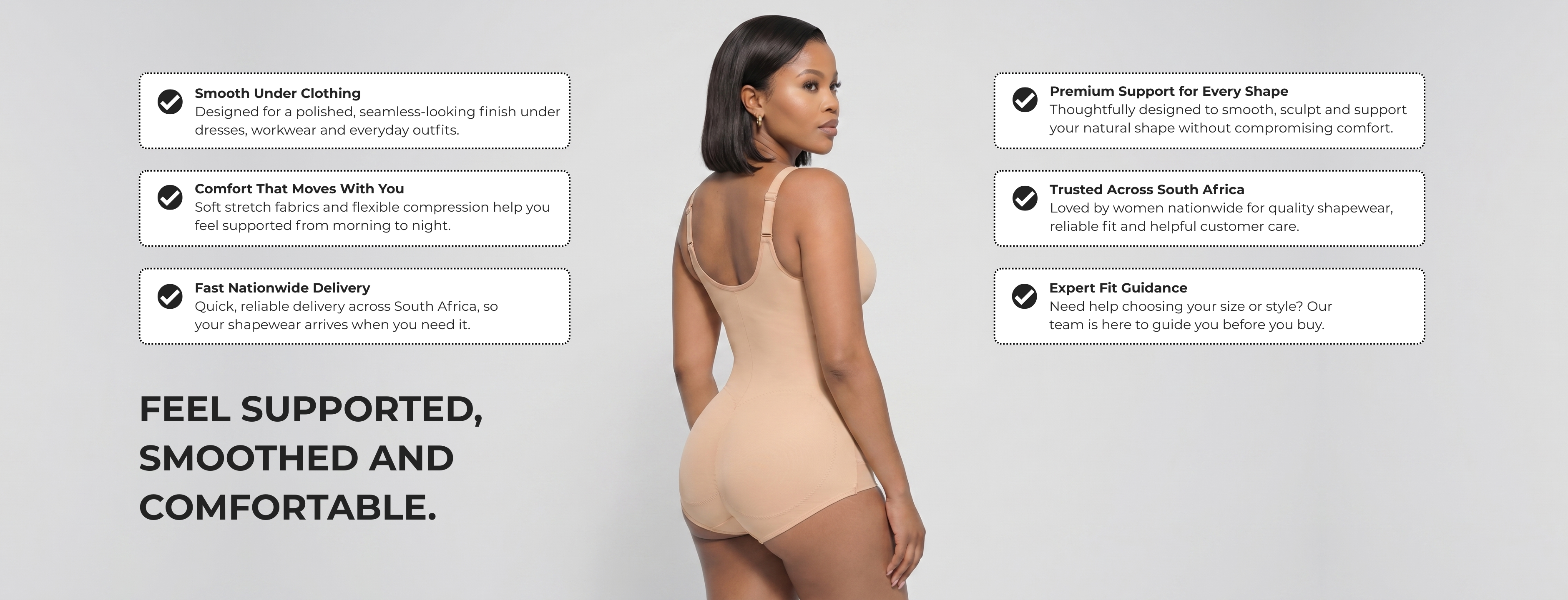 Woman wearing beige bodysuit against grey background